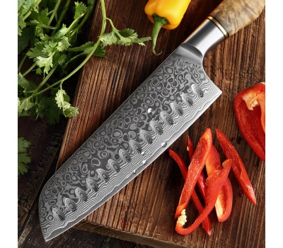 HEZHEN Master series Damascus Santoku, Сантоку ніж, 180мм
