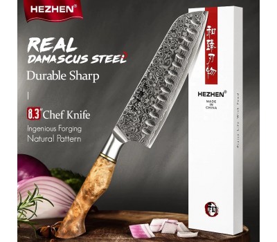 HEZHEN Master series Damascus Santoku, Сантоку ніж, 180мм