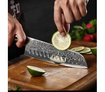 HEZHEN Master series Damascus Santoku, Сантоку ніж, 180мм